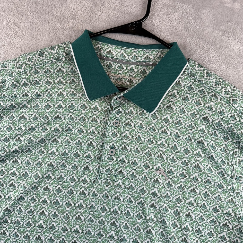 Tommy Bahama Polo Shirt Mens XL Green IslandZone Floral Print Geometric Golf